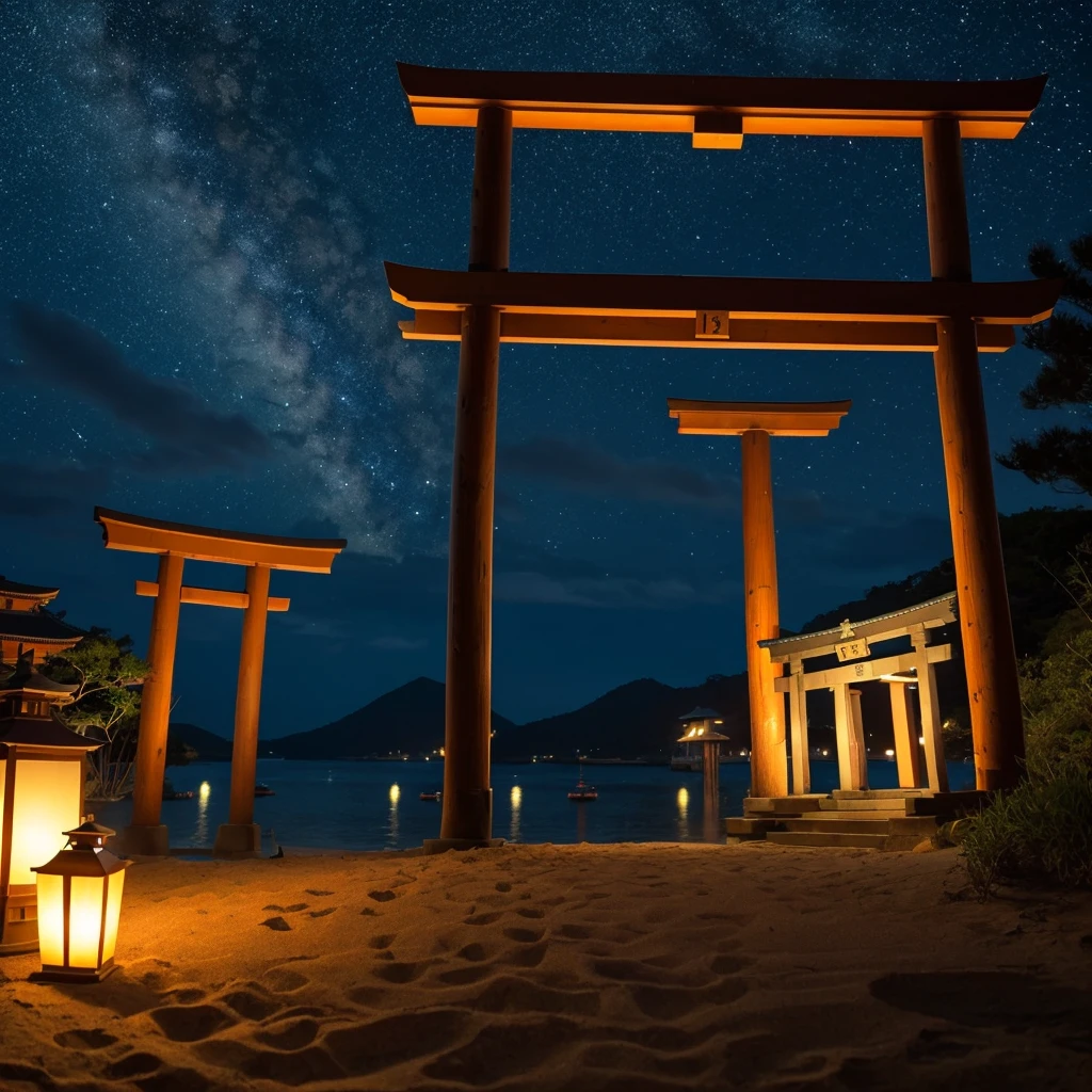 Design a smartphone wallpaper with a torii gate at night as the motif.。The background is a starry sky、Deep navy blue and black with lots of stars scattered throughout、Add shooting stars and the Milky Way。A large black and dark red torii gate silhouette is placed in the center.、Add a little light around it to make it more mysterious.。I can see a sandy beach in the distance、Makes it look like moonlight is reflecting off the beach。Small lanterns and dim lights are scattered around the torii gate.、Please also draw the boat and floating lanterns that can be faintly seen on part of the beach.。
Please be photorealistic