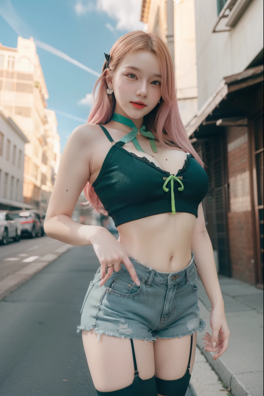 nicoledemara, nicole demara, (green eyes:1.5), pink hair, hair ornament, hair ribbon, hairclip, long hair, mole, mole on breast, mole on thigh, mole under eye, two side up, ribbon, smirk, smile, open mouth,
BREAK black footwear, black ribbon, black shorts, black socks, black thighhighs, boots, cleavage, crop top, earrings, jewelry, kneehighs, nail polish, necklace, o-ring, short shorts, shorts, single kneehigh, single sock, single thighhigh, socks, thigh strap, thighhighs, torn clothes, two side up,
BREAK outdoors, city, sky, clouds, sun, buildings, crowd, people, alley,
BREAK looking at viewer, (cowboy shot:1.5),
BREAK (masterpiece:1.2), best quality, high resolution, unity 8k wallpaper, (illustration:0.8), (beautiful detailed eyes:1.6), extremely detailed face, perfect lighting, extremely detailed CG, (perfect hands, perfect anatomy),