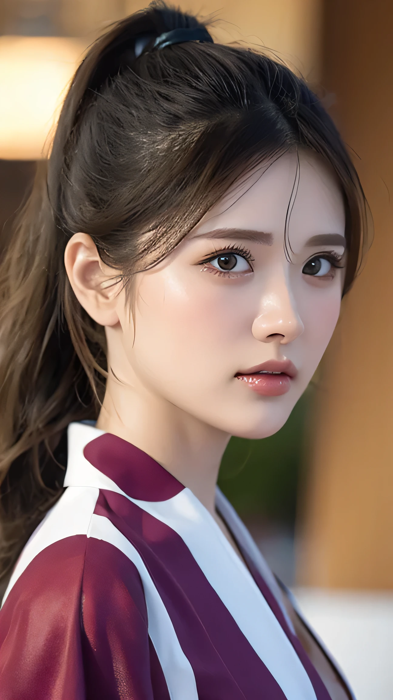 Highest quality, Finer details, (Beautiful single women))), Highly detailed eyes and face, firework, yukata, looking up at firework, ponytail, Large tear bags, double eyelid