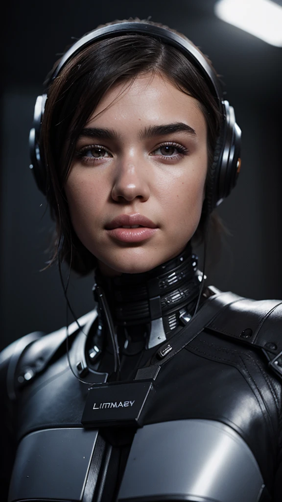 Epic photorealistic portrait by Dua Lipa of a female terminator runway model, beautiful human face, face like Miranda Kerr