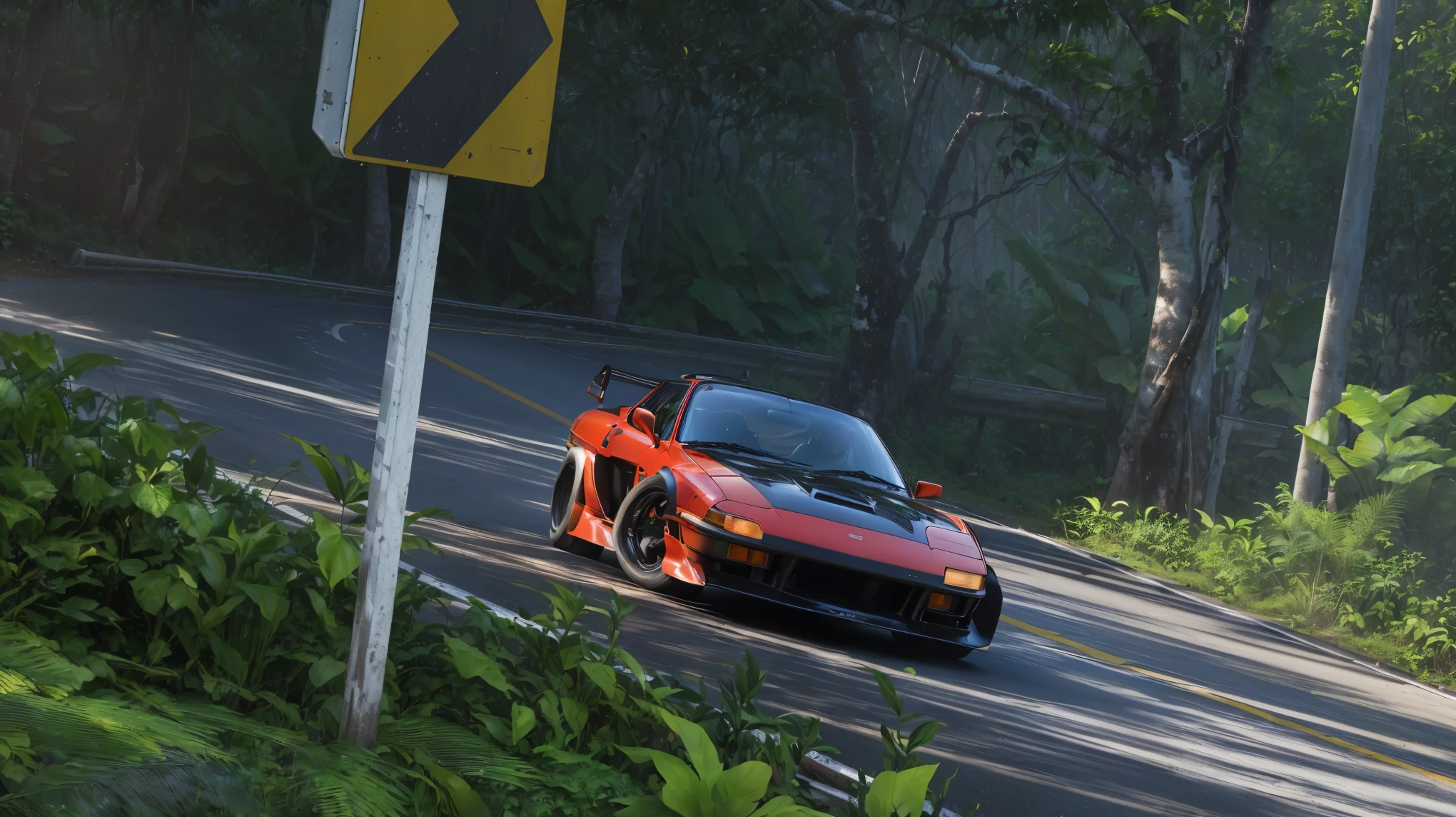 drifting around a corner, high quality, Masda RX7 standing in jungles with the steering turned,
