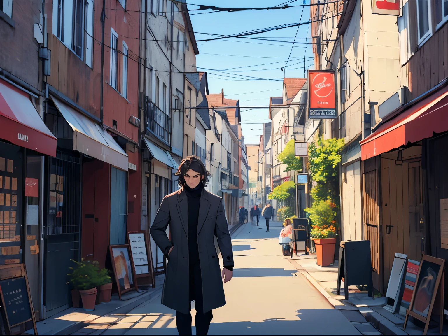 Man in Overcoat, Wavy hair, detailed city