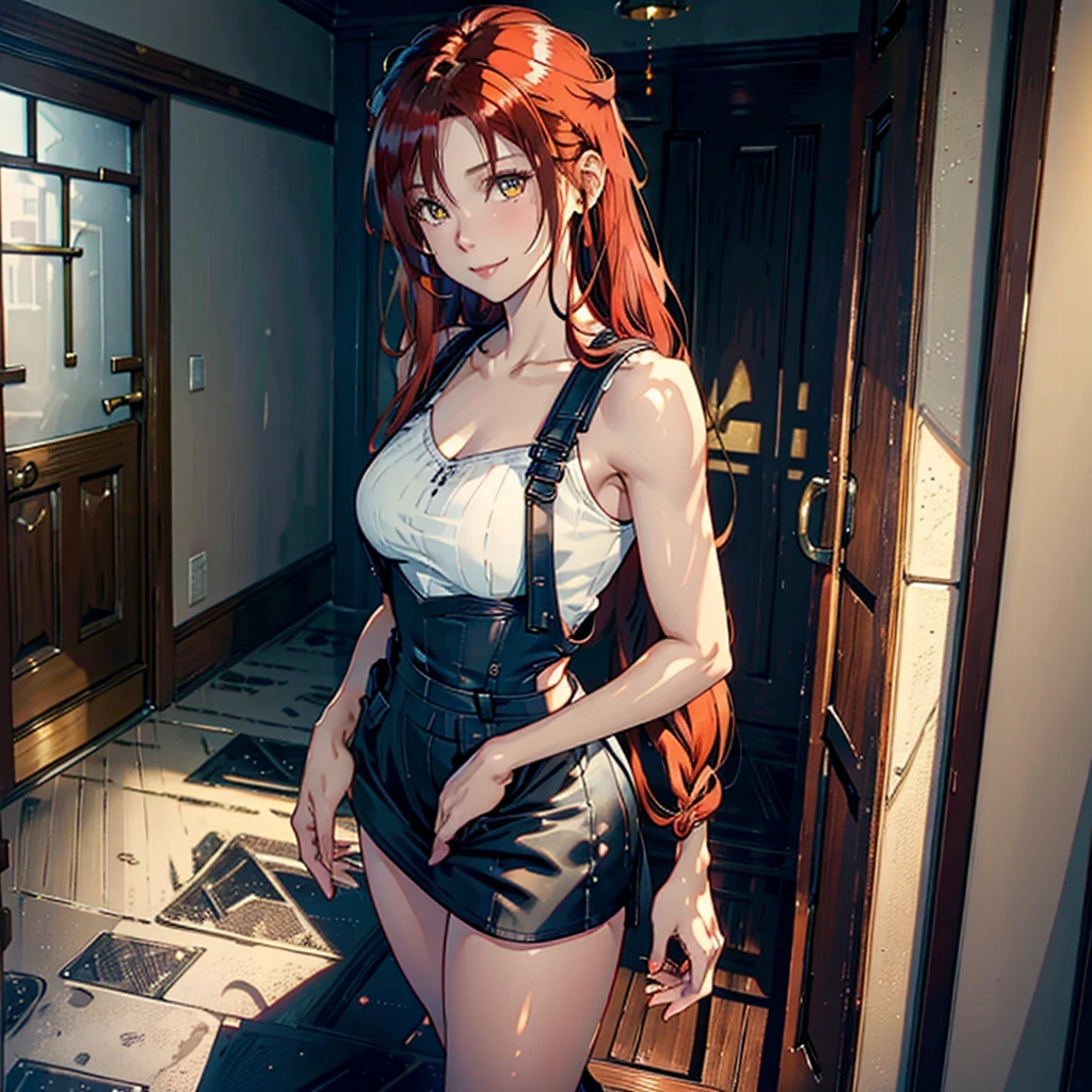 One woman, (natural redhead), honey yellow eyes, by the wide, small braids, bright smile, detailed eyes, chest a little big, detailed body, beautiful body, detailed clothing, black overalls skirt with white blouse, head on, hands back leaning forward, flirtatious look, standing in the entrance of a house with the door open.