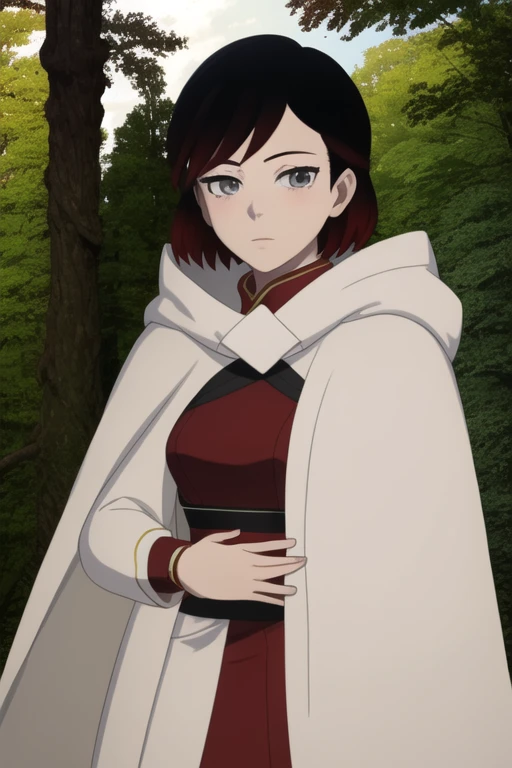 srwby, short hair, black hair, red hair, white cloak, white cape, gradient hair, grey eyes, Solo, 1girl, Looking at viewer, Masterpiece, Best Quality, forest