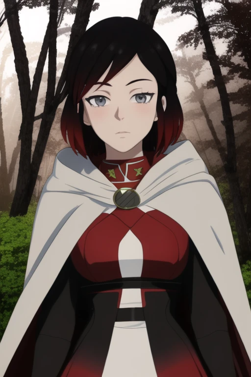 srwby, short hair, black hair, red hair, white cloak, white cape, gradient hair, grey eyes, Solo, 1girl, Looking at viewer, Masterpiece, Best Quality, forest