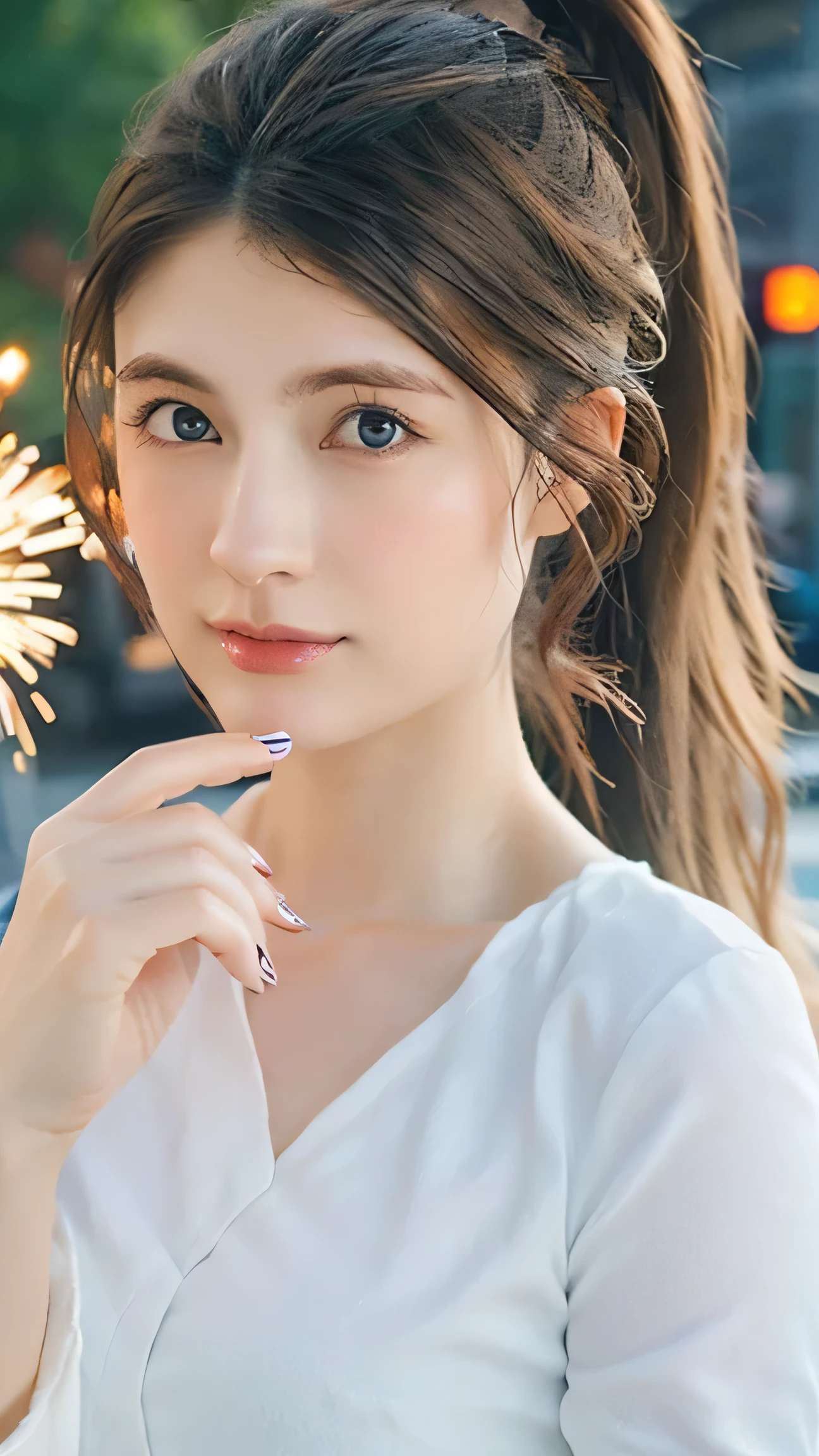 Highest quality, Finer details, (Beautiful single women))), Highly detailed eyes and face, firework, yukata, looking up at firework, ponytail, Large tear bags, double eyelid