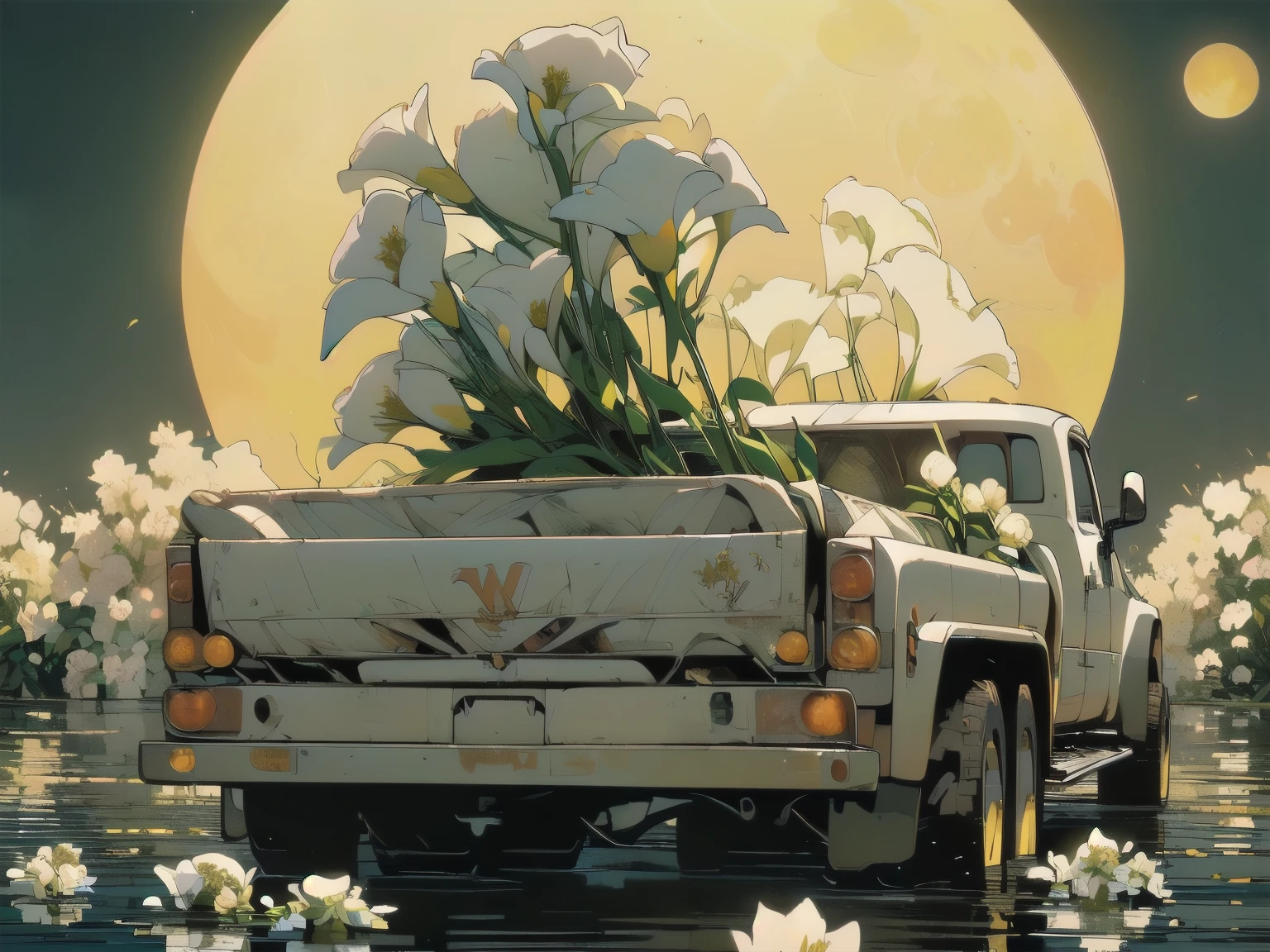 (((Masterpiece, top quality))), (((32K wallpaper))), ultra high resolution, (((close-up))), gorgeous light leak, (((backlit))), highly detailed background, top quality, (((no humans))), highly transparent river, (((extremely detailed rusty heavy truck with many white flowers)),  (((( very dull color )))), (((( white flowers in the water))), (((yellow moon))), (((EVA)))