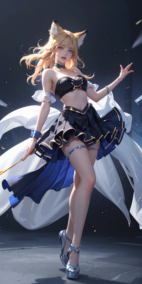 (Highest quality、 8k 、masterpiece、High resolution)、Full Body Shot、23 year old girl、Idol、Cute smile、Pretty lips、Adorable eyes、Dancing with a smile、Outdoor Stage, CostumeLeague of Legends, Fox, KDA Fox, Blonde Hair, Fox Ears, Fox Tail, Blue Coat, White Top, Black Skirt, Lase