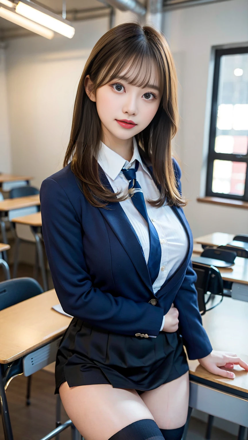 (Masterpiece, Masterpiece, 8k), One beautiful woman, Long blonde hair, blue eyes, A blue ribbon in her hair, High School Outfit, Black blazer, Black Skirt, Blue tie, Big Breasts, Thighs, Wearing high stockings, In the classroom, Serious expression, High resolution, Blur the background, Smile, Medium Bust