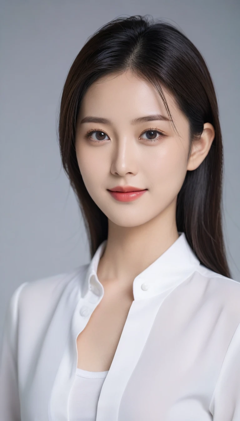 8K, Ultra-high resolution, best quality, masterpiece, 三分割法によるphoto,Surrealism, photo, 1 girl, (:1.3), pretty girl, Cute face, Beautiful eyes in every detail, 細かくdetailedに,masterpiece,A girl:1.2, Japanese female announcer,On the table,glare,Black Hair,Slicked-back hair,suit,White collared shirt,Chest button open,Clear focus、Perfect dynamic composition、Beautiful and detailed、Thinning hair、Realistic skin texture，Attention to detail、Smile、Close-up portrait、Model body type,Looking at the audience、beauty,Long Neck、(((Ideal body shape))),A cup small breasts :2,、image:2、Perfect anatomical structure、なdetailed、detailed、Surrealism、Light and Shadow,glare