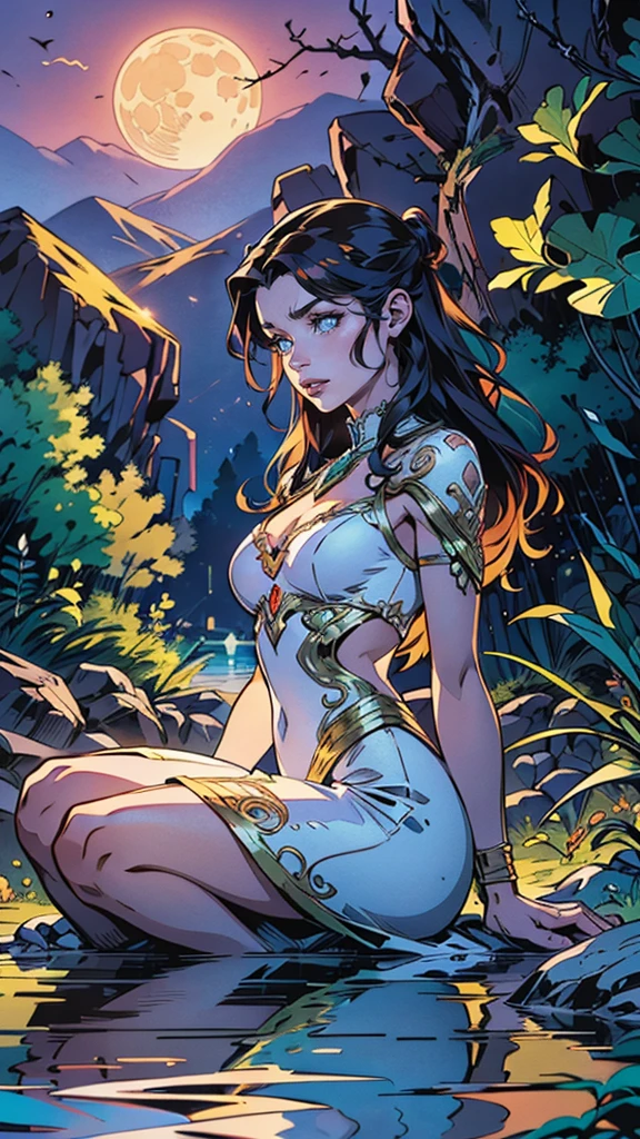 A stunningly beautiful woman, her ethereal features radiating an aura of tranquility, is seated in a serene pose for meditation by the tranquil river. The moon in its full glory casts a soft, luminescent glow upon her, illuminating her features in a manner reminiscent of a Lumitronic effect. The river's surface, shimmering with reflections of the moonlight, appears as if it's been meticulously detailed to the last ripple, showcasing Julie Dillon's signature style. The Zentangle Effect, with its intricate patterns, is subtly incorporated into the rocks and foliage surrounding the woman, further adding to