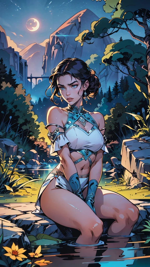 A stunningly beautiful woman, her ethereal features radiating an aura of tranquility, is seated in a serene pose for meditation by the tranquil river. The moon in its full glory casts a soft, luminescent glow upon her, illuminating her features in a manner reminiscent of a Lumitronic effect. The river's surface, shimmering with reflections of the moonlight, appears as if it's been meticulously detailed to the last ripple, showcasing Julie Dillon's signature style. The Zentangle Effect, with its intricate patterns, is subtly incorporated into the rocks and foliage surrounding the woman, further adding to