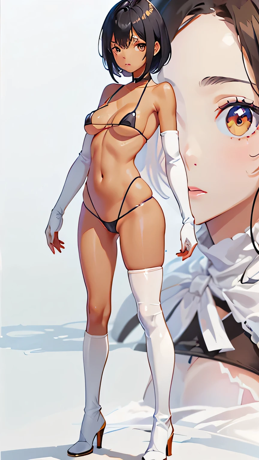 Highest quality、Realistic、woman、zoom、Orange eyes、Very short black hair、Micro Bikini、thin、Small breasts、Sunburn。Dark Skin、、White long gloves、White long boots、