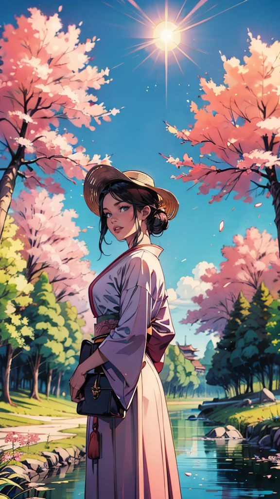 (masterpaintingelhor Quoridade),Riverside,There are many tall buildings across the river,profundidade de campo,perfect lighting,light particleelhor Quoridade),(masterpaintings),(hiper detalhado),sharp focus,light particles,a beautiful Chinese woman standing in a cherry blossom field with a sun hat and wearing pink halter dress, longos cabelos castanhos ondulados, wearing sunglasses, alto e magro, Beautiful, sorriso sutil, Olhando_em_espreitando o espectador,sorrir,sozinho,open sky_Clothes,Arms back,standingn, e de corpo inteiro,Japanese style costume,raio de sol,The tree,De boca aberta,Arms
