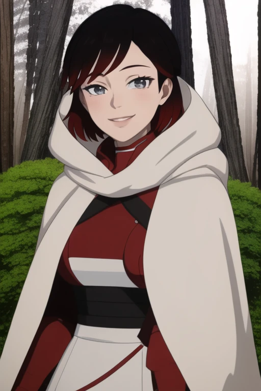 srwby, short hair, black hair, red hair, white cloak, white cape, gradient hair, grey eyes, Solo, 1girl, Looking at viewer, Masterpiece, Best Quality, forest, smile