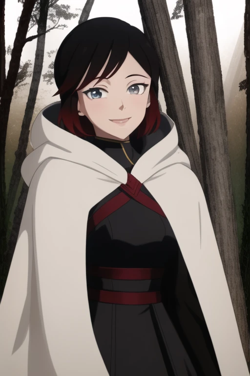 srwby, short hair, black hair, red hair, white cloak, white cape, gradient hair, grey eyes, Solo, 1girl, Looking at viewer, Masterpiece, Best Quality, forest, smile