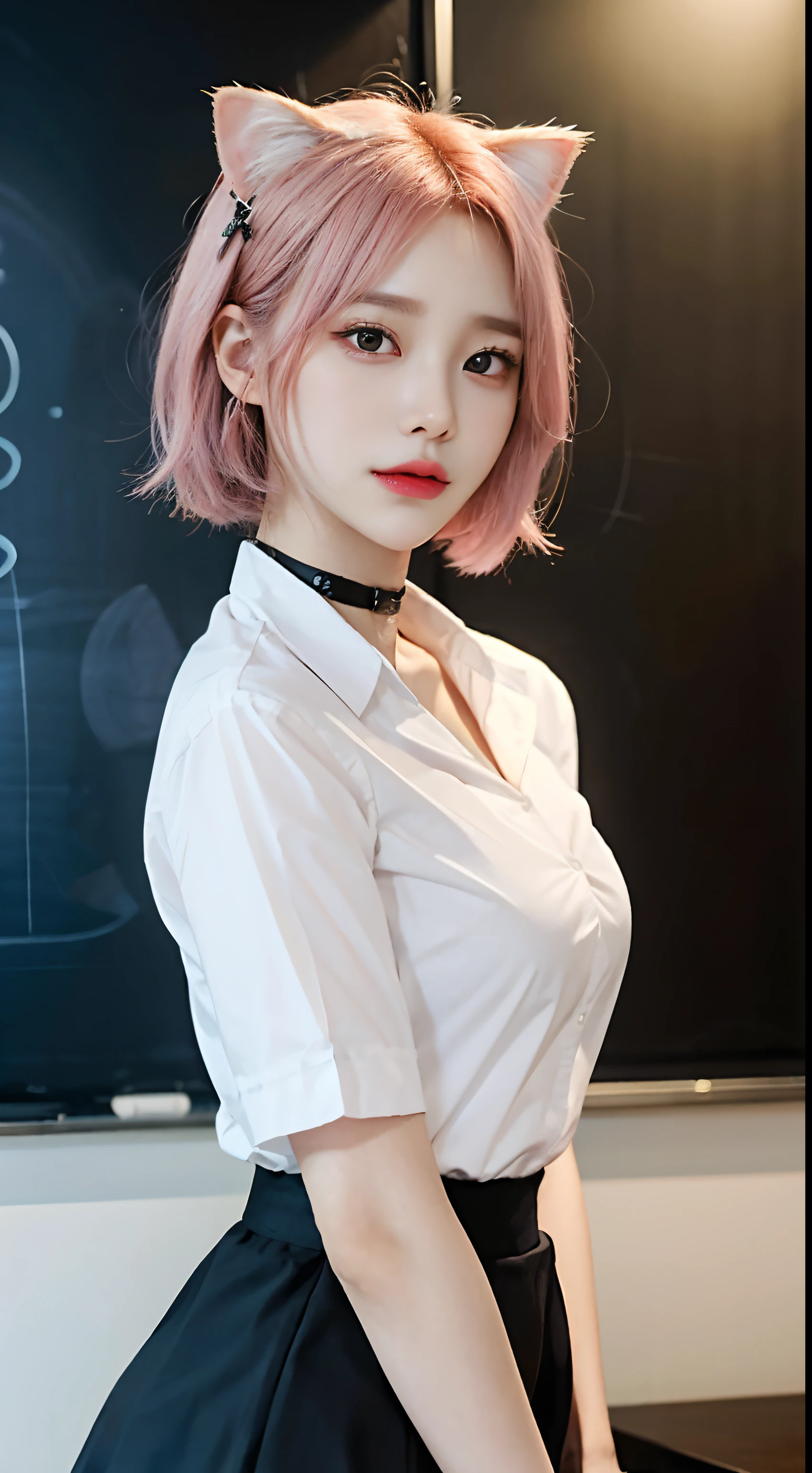 realistic、top quality、1 girl、cat ears、pink hair,Short hair,saliva、choker、‎Classroom、Big undercollar button shirt、cat tail、pleated skirt、chalk board、professional lighting