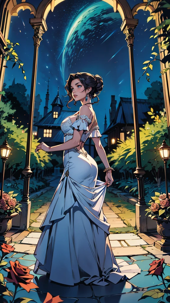 The most beautiful rose bush imaginable and an incredibly elegant young woman, superbly hairstyled, Espectacularmente maquillada y con un vestido deslumbrantemente fabuloso. In a dream garden on a magical night. (obra maestra) (mejor calidad)