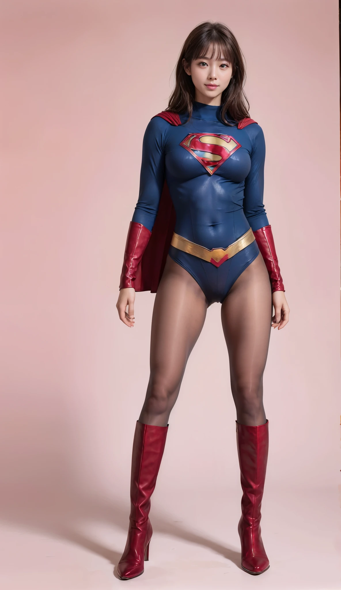 No background、(((Beautiful legs in black tights.)))、(((Legally express the beauty of your smile)))、((((Make the most of your original images)))、(((Supergirl Costume)))、(((Beautiful very short hair)))、(((suffering)))、(((Please wear black tights....、Wear red boots)))、((Best image quality、8k))、((Highest quality、8k、masterpiece:1.3))、(((Preserve background )))、Sharp focus:1.2、Beautiful woman with perfect figure:1.4、Slim Abs:1.2、Wet body:1.5、Highly detailed face and skin texture、8k