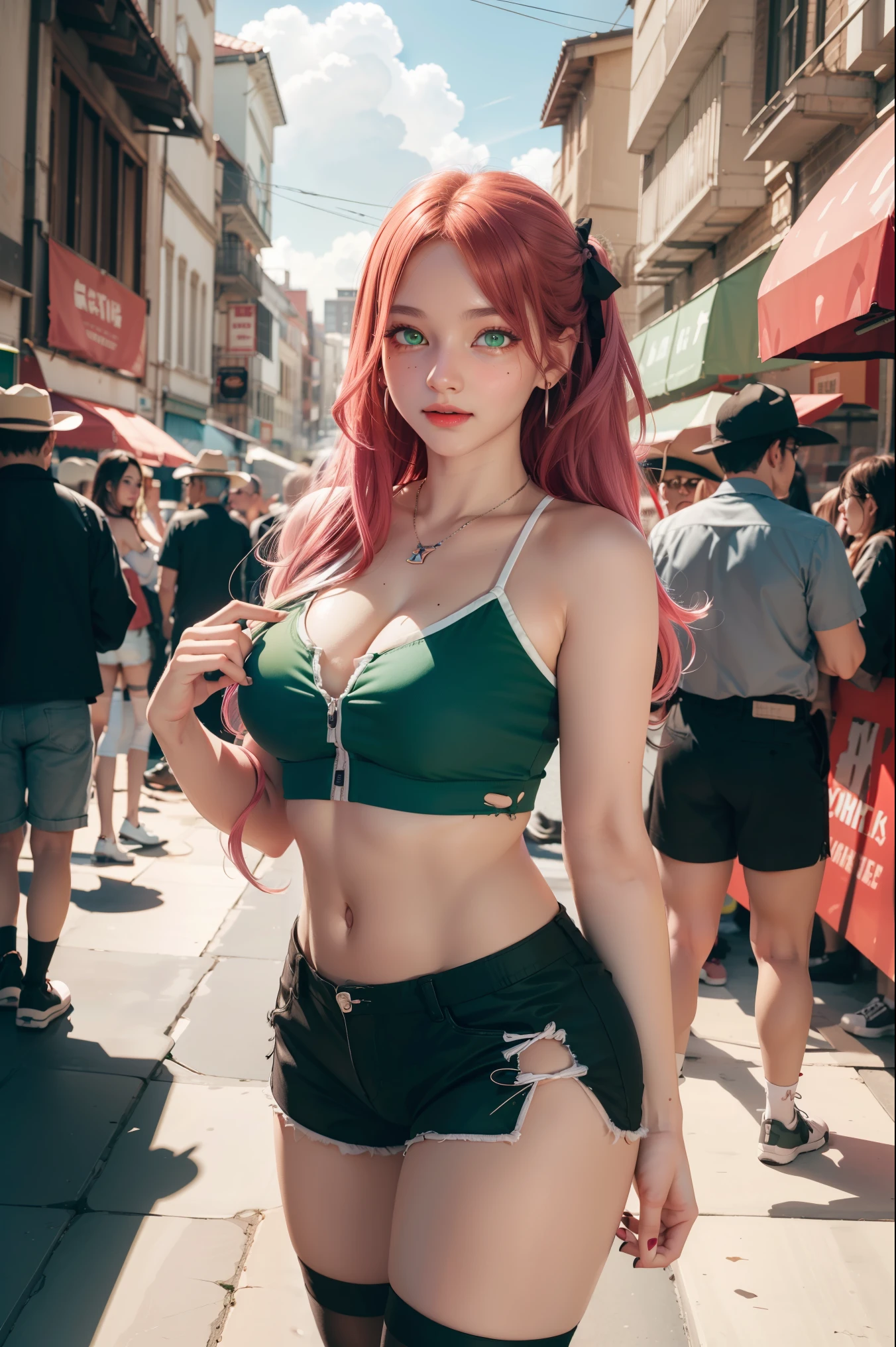 nicoledemara, nicole demara, (green eyes:1.5), pink hair, hair ornament, hair ribbon, hairclip, long hair, mole, mole on breast, mole on thigh, mole under eye, two side up, ribbon, smirk, smile, open mouth,
BREAK black footwear, black ribbon, black shorts, black socks, black thighhighs, boots, cleavage, crop top, earrings, jewelry, kneehighs, nail polish, necklace, o-ring, short shorts, shorts, single kneehigh, single sock, single thighhigh, socks, thigh strap, thighhighs, torn clothes, two side up,
BREAK outdoors, city, sky, clouds, sun, buildings, crowd, people, alley,
BREAK looking at viewer, (cowboy shot:1.5),
BREAK (masterpiece:1.2), best quality, high resolution, unity 8k wallpaper, (illustration:0.8), (beautiful detailed eyes:1.6), extremely detailed face, perfect lighting, extremely detailed CG, (perfect hands, perfect anatomy),
