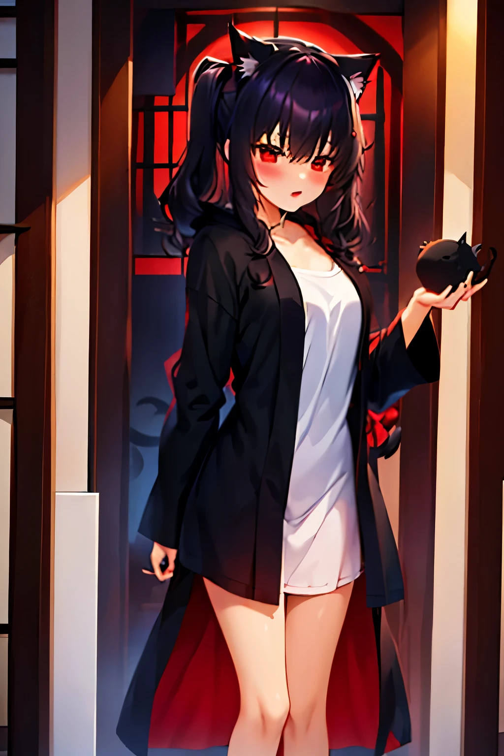 junkotvv, black hair, cat ears, Red eyes, in white bathrobe