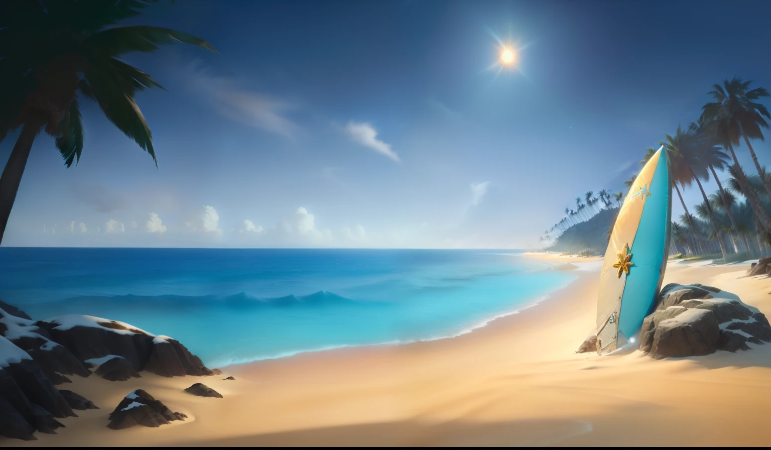 There is a surfboard on the beach，Beach with palm trees and rocks, Palm groves，Beach Background, golden sun, Magical Beach, sunny, Relaxation concept art, Sparkling sea, Diablo concept art，Beauty，HD