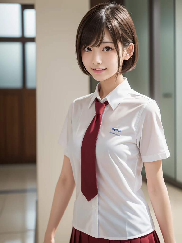 High resolution,RAW Photos,Realistic,Very delicate and beautiful,Very detailed,In detail,Very detailed CG unity 8k wallpaper,Super detailed,(highest quality, 8k, 32k, masterpiece, 超High resolution:1.2), beautiful Japanese girl in JK Uniform,Very beautiful face,Long, narrow eyes,expensive,slim,Small breasts,JK Uniform,White short sleeve shirt,Thin red tie,Upper teeth,A kind smile,Walking through the school corridors,Young Sensual Gravure Idol,Young and skinny gravure idol,A young and cute gravure idol,Young Gravure Idol,realistic Young Gravure Idol,Japanese Model,A sophisticated gravure idol,short hair,bangs