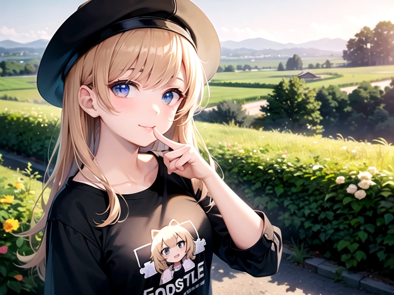 ((Highest quality)), ((masterpiece)), (detailed), One girl, put index finger on mouth、t shirt