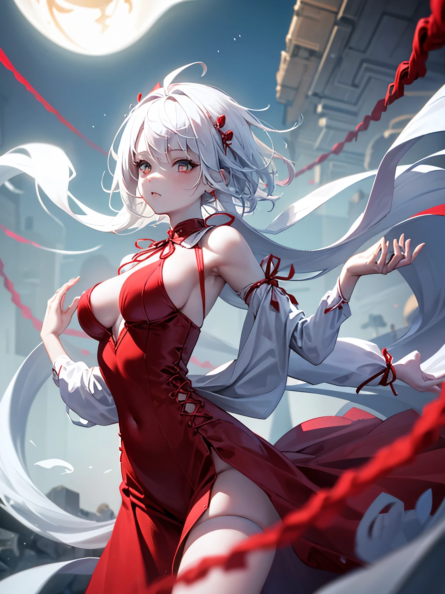 dancer, red dresses doll, showing off, masterpieces, HD, 16K, white hair, white eyes, red rope, scale up, perfect body shape, ghost, spirit, cute, spiral, red ribbon, Violence ta, sexy, mind break, dumb, observation, nerd, creative, tips, electric shock, windy, wind effect