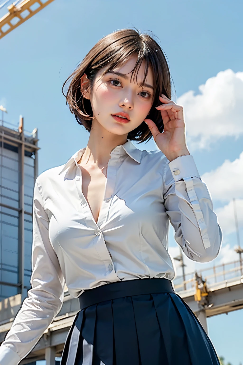 Masterpiece, bokeh, (Beautiful face), (Detailed face), (Japanese idle), (White open shirt:1.3), (Dark blue Pleated skirt:1.3), (Blushed face:1.3), (Plump breast:1.2), (Dynamic pose on Steel bridge in construction site:1.5), (From below:1.5), (solo play:1.3)