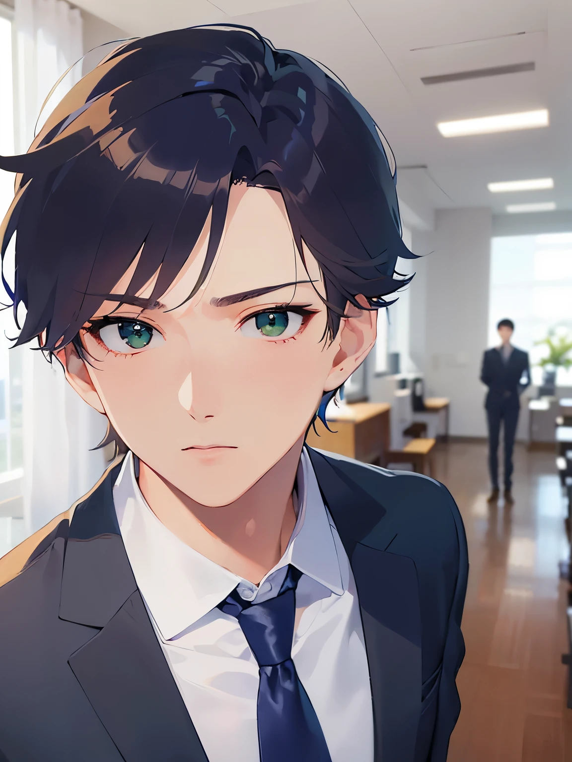 Close-up of your face、shiny skin, masterpiece、Highest quality、(25-year-old male:1.5) and (Brown short hair) and (Green Eyes), BREAK (Wearing a navy blue suit:1.3) and (Blue tie) BREAK、Are standing、Serious expression、Background is an office room、(Alone:1.5)、Upper body is shown、