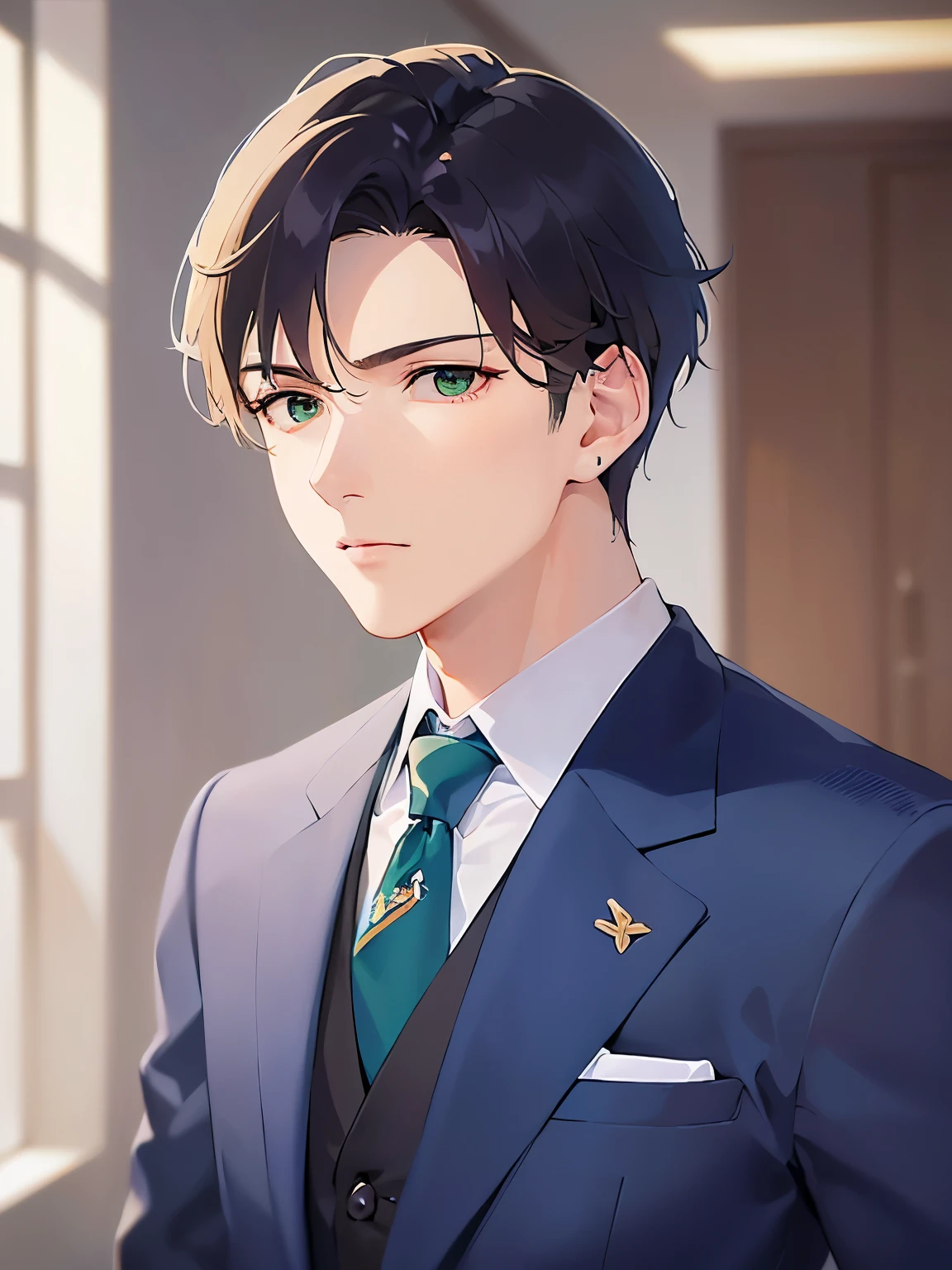 Close-up of your face、shiny skin, masterpiece、Highest quality、(25-year-old male:1.5) and (Brown short hair) and (Green Eyes), BREAK (Wearing a navy blue suit:1.3) and (Blue tie) BREAK、Are standing、Serious expression、Background is an office room、(Alone:1.5)、Upper body is shown、