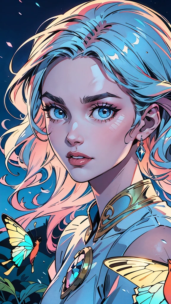 Generate a pretty and realistic fantasy artwork with bold jewel-toned ((((pink and blue)))) hues, pretty glitter and shimmer, and lots of snowflakes. Generate a luminous and woman with curly hair, metallic hair, and realistically textured hair. Her skin is pure white and seems to glow in the light. The woman's face is important: include ((soft, puffy, big lips, elegant features, and the most beautiful detailed macro eyes)) in the world. The woman is in a winter landscape with soft falling snow and snowflakes, soft white fur, subtle iridescent details, subtle phantasmal iridescent details, and intricate and delicate jewelry that glimmers in the light. Include many small fantasy details like gossamer silk, feathers, delicate and stunning embroidery, and luminous lighting that glimmers. The woman's face is unobscured by details and her eyes are sharp and in high resolution. Incorporate dreamy colors, dynamic lighting, and detailed background elements to create a sense of awe and immersion. Include colorful flying magical birds and jewel-toned butterflies radiating a magical aura. Consider the latest trends in fantasy art, such as incorporating unique lighting effects, exploring dynamic and compelling composition techniques, and experimenting with unique color palettes. Take inspiration from the top artists on ArtStation and Midjourney. Camera: Choose an angle that highlights the character's beauty and enhances the magical majesty of the artwork. Lighting: Utilize atmospheric lighting techniques to create depth and mood. Resolution: Aim for a high-resolution artwork to showcase intricate details and clarity. Art Inspirations: Seek inspiration from the trending artists on ArtStation, exploring different styles, genres, and themes. white skin, pale skin, really pale skin, really white skin, beautiful eyes, fantasy details, shimmer, glimmer, magical birds, magical butterflies, ornate, (((masterpiece))), add_detail:1, earth \(planet\),