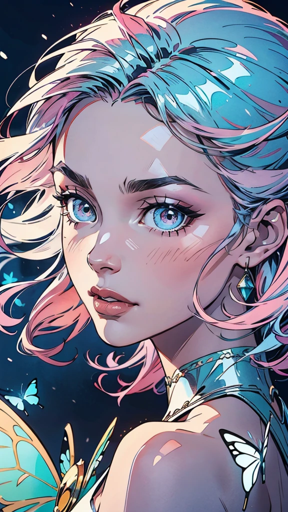 Generate a pretty and realistic fantasy artwork with bold jewel-toned ((((pink and blue)))) hues, pretty glitter and shimmer, and lots of snowflakes. Generate a luminous and woman with curly hair, metallic hair, and realistically textured hair. Her skin is pure white and seems to glow in the light. The woman's face is important: include ((soft, puffy, big lips, elegant features, and the most beautiful detailed macro eyes)) in the world. The woman is in a winter landscape with soft falling snow and snowflakes, soft white fur, subtle iridescent details, subtle phantasmal iridescent details, and intricate and delicate jewelry that glimmers in the light. Include many small fantasy details like gossamer silk, feathers, delicate and stunning embroidery, and luminous lighting that glimmers. The woman's face is unobscured by details and her eyes are sharp and in high resolution. Incorporate dreamy colors, dynamic lighting, and detailed background elements to create a sense of awe and immersion. Include colorful flying magical birds and jewel-toned butterflies radiating a magical aura. Consider the latest trends in fantasy art, such as incorporating unique lighting effects, exploring dynamic and compelling composition techniques, and experimenting with unique color palettes. Take inspiration from the top artists on ArtStation and Midjourney. Camera: Choose an angle that highlights the character's beauty and enhances the magical majesty of the artwork. Lighting: Utilize atmospheric lighting techniques to create depth and mood. Resolution: Aim for a high-resolution artwork to showcase intricate details and clarity. Art Inspirations: Seek inspiration from the trending artists on ArtStation, exploring different styles, genres, and themes. white skin, pale skin, really pale skin, really white skin, beautiful eyes, fantasy details, shimmer, glimmer, magical birds, magical butterflies, ornate, (((masterpiece))), add_detail:1, earth \(planet\),
