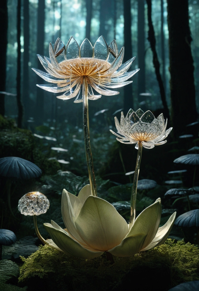 shiny large glass Crystal Lotus dandelion flowers and mushroom made of glass in a forest, shiny, magic,; Compton,Extremely detailed; Complex patterns : Night background Bastien Lecouffe Deharme; Jeremy_Mann; Andre_Warin : Compton; Deep Depth of Field : Bright dramatic lighting : Craig_Mullins; Radial; Extremists; Ray Tracing; Ismail Incioglu; Bella Kotak; Perfect composition