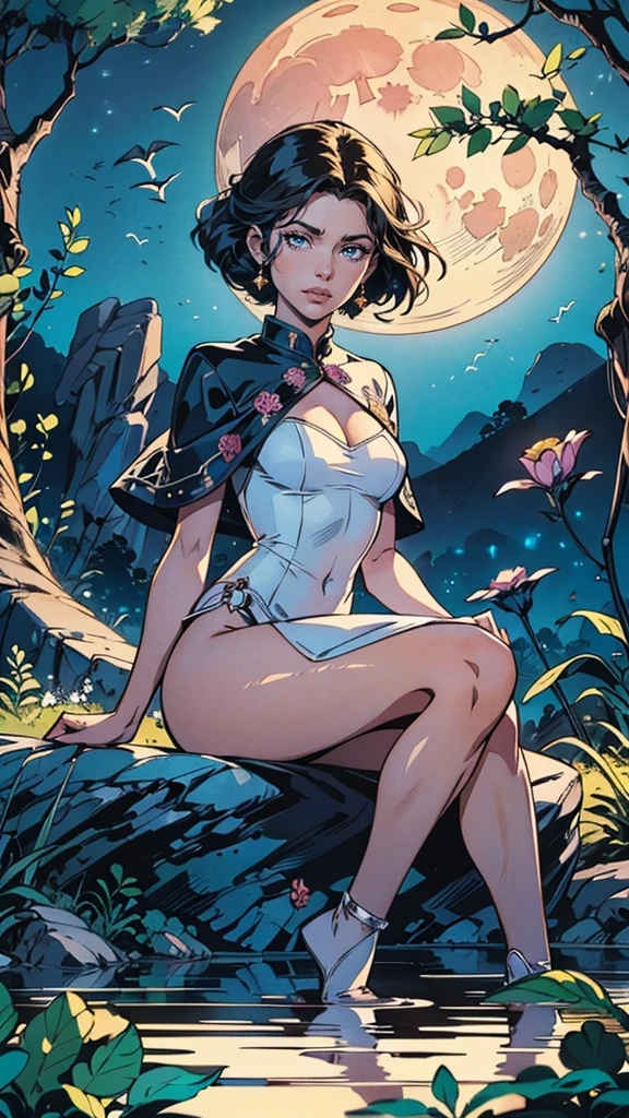 A stunningly beautiful woman, her ethereal features radiating an aura of tranquility, is seated in a serene pose for meditation by the tranquil river. The moon in its full glory casts a soft, luminescent glow upon her, illuminating her features in a manner reminiscent of a Lumitronic effect. The river's surface, shimmering with reflections of the moonlight, appears as if it's been meticulously detailed to the last ripple, showcasing Julie Dillon's signature style. The Zentangle Effect, with its intricate patterns, is subtly incorporated into the rocks and foliage surrounding the woman, further adding to