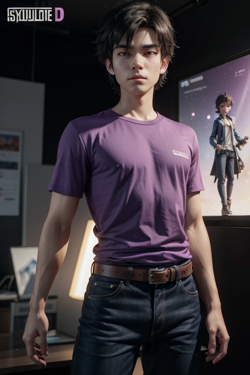There is a poster with a cartoon character in a purple shirt and dark blue pants, a male explorer, a mini cute boy, an animation style rendering, a beautiful 3D rendering, small characters. unreal engine 5, stylized anime, detailed and cute digital art, atey ghailan 8k, stylized 3d rendering, surreal adventure rendering, 3D anime style, stylized 3D rendering