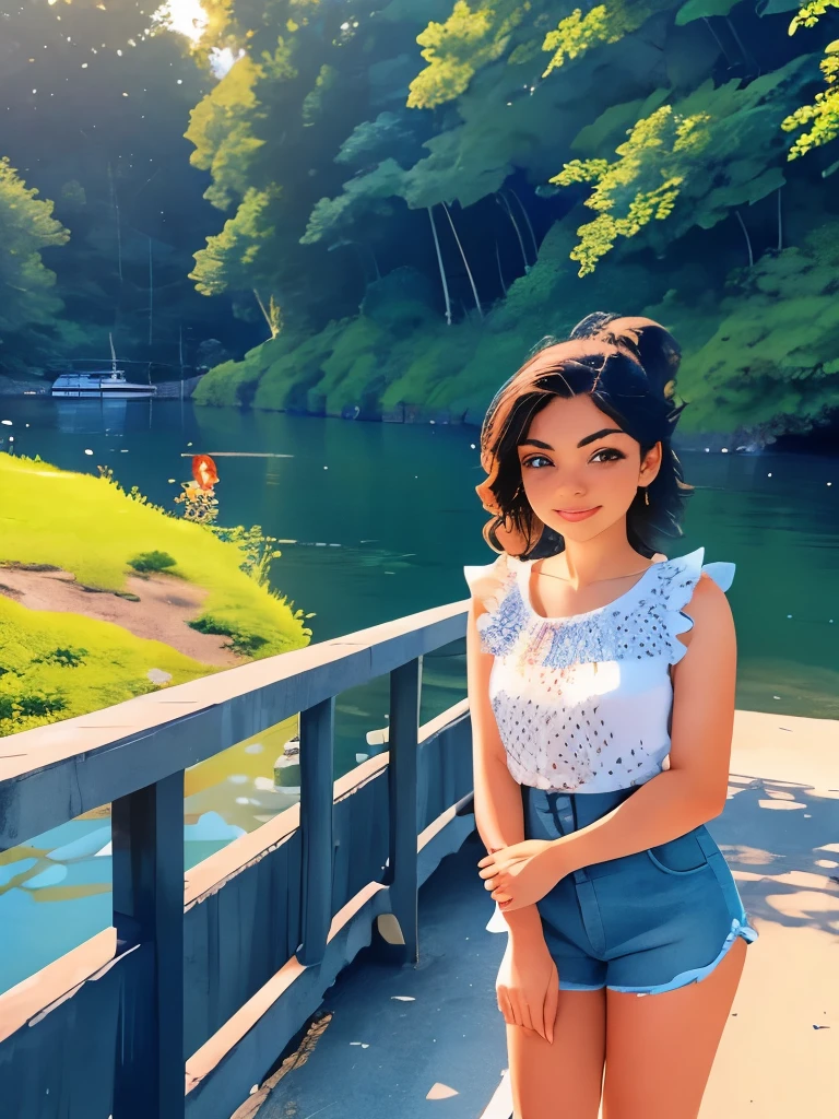 arafed woman standing on a bridge near a body of water, casual pose, she is about 1 , wearing a cute top, at the waterside, dressed in a top and shorts, ekaterina, photo of the girl, pose 4 of 1 6, beautiful surroundings, background is heavenly, she is about 20 years old