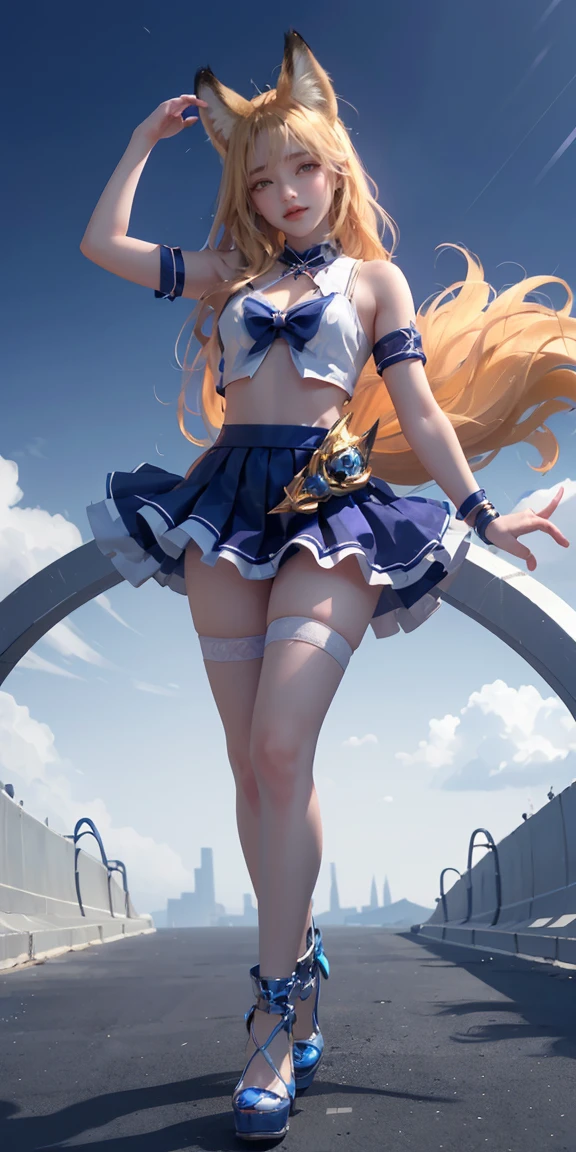 (Highest quality、 8k 、masterpiece、High resolution)、Full Body Shot、23 year old girl、Idol、Cute smile、Pretty lips、Adorable eyes、stands with a smile、Outdoor , CostumeLeague of Legends, Fox, KDA Fox, Blonde Hair, Fox Ears, Fox Tail, Blue Coat, White Top, Black Skirt, Lase