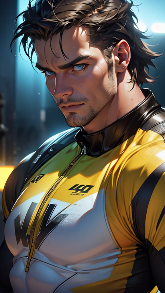 a muscular handsome man in a motocross suit ,detailed face, detailed eyes,detailed lips,detailed costume,dynamic lighting,cinematic composition,highly detailed,masterpiece,photorealistic,4k,8k,HDR,studio lighting,