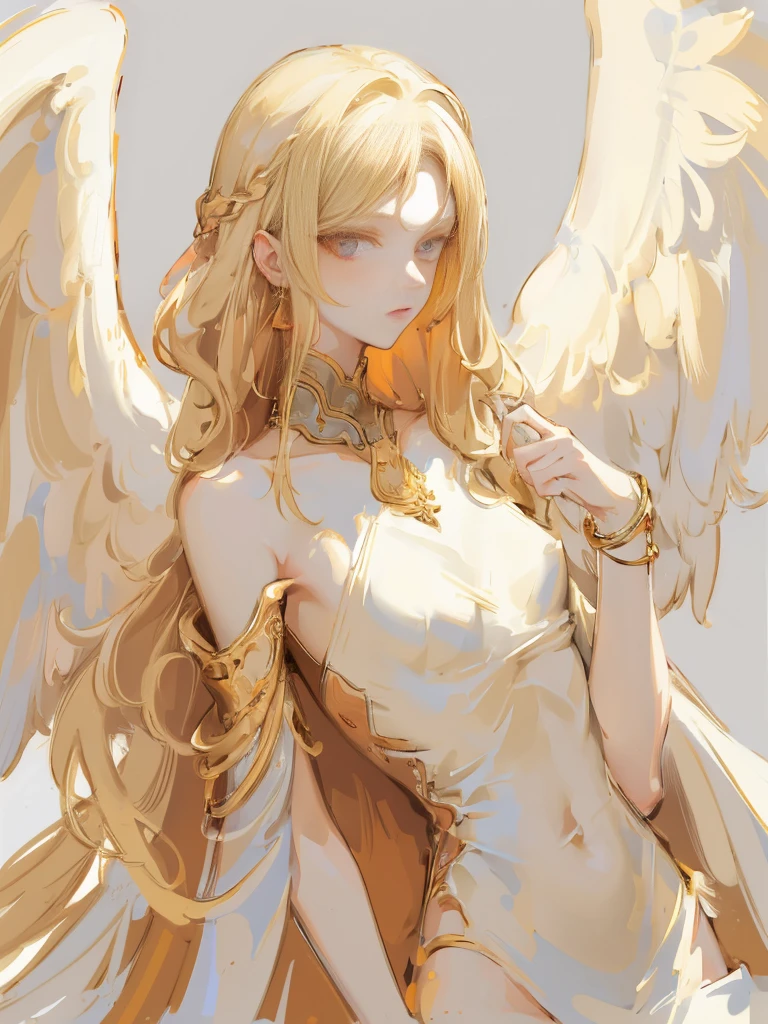 design：nty, women are, (Angelic), Intricate details, Colored Background, Abstract, Blonde red eyes, Perfect Eyes, Anatomically correct, Simple clothing, White silk clothing