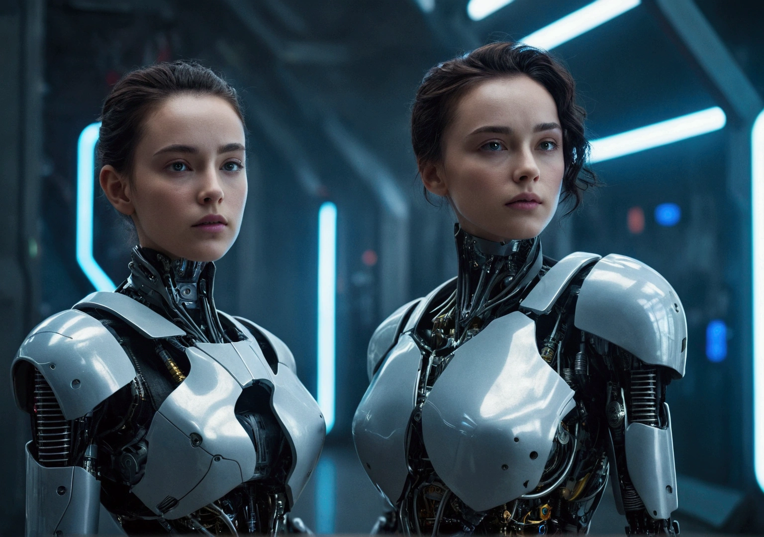 a young woman wearing futuristic outfits, Next to him is a robot that looks worn out., in the background a futuristic scene, sci-fi styled