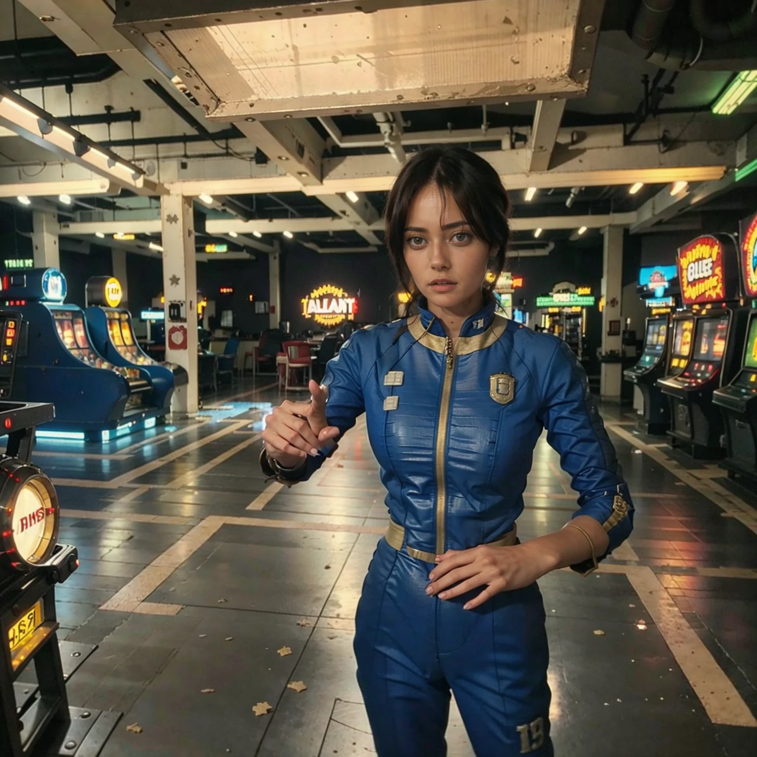 (One person). Fallout TV series. Inside a dimly lit large room in a post-apocalyptic (casino) in Las Vegas. Vaultsuit Lucy, an 18-year-old vault dweller wearing a blue and gold vaultsuit, her black hair disheveled, clutching a large gun in a dimly lit, post-apocalyptic casino. Cinematic. realistic colors, realistic, photorealistic. 