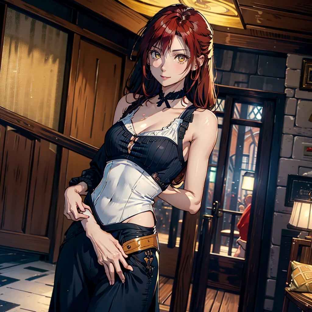 (((A woman))), (natural redhead), honey yellow eyes, by the wide, (small braids), bright smile, detailed eyes, chest a little big, detailed body, beautiful body, detailed clothing, black jumpsuit skirt, a white blouse, head on, hands back leaning forward, flirtatious look, standing at the entrance of a house with the door open, Whole body, 4k, HD, Super detailed, masterpiece, The best, Shadows, Lights, hunting, varied color palette.