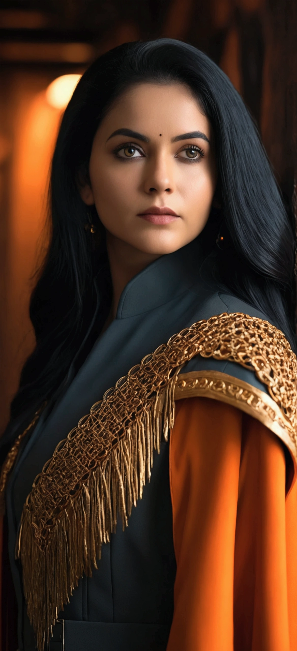 A photorealistic portrait of a beautiful young woman with long black hair, wearing a military-style suit, an orange cape, in a dark, sci-fi-inspired setting, highly detailed, cinematic lighting, intricate textures, dramatic shadows, moody atmosphere, volumetric lighting, digital art, chaitra