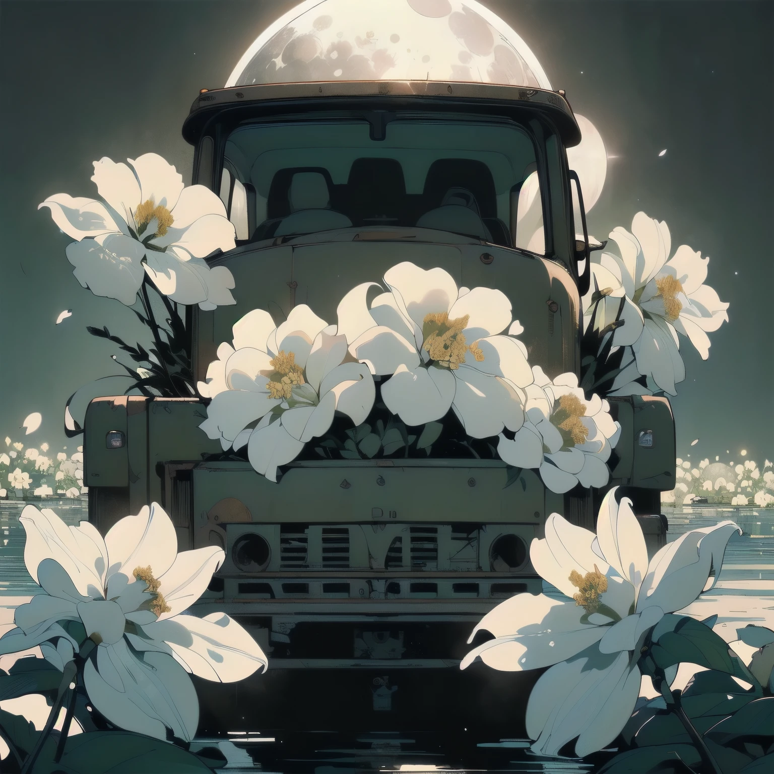 (((Masterpiece, top quality))), (((32K wallpaper))), ultra high resolution, (((close-up))), gorgeous light leak, (((backlit))), highly detailed background, top quality, (((no humans))), highly transparent river, (((extremely detailed rusty heavy truck with many white flowers)), (((( very dull color )))), (((( white flowers in the water))), (((black moon)))