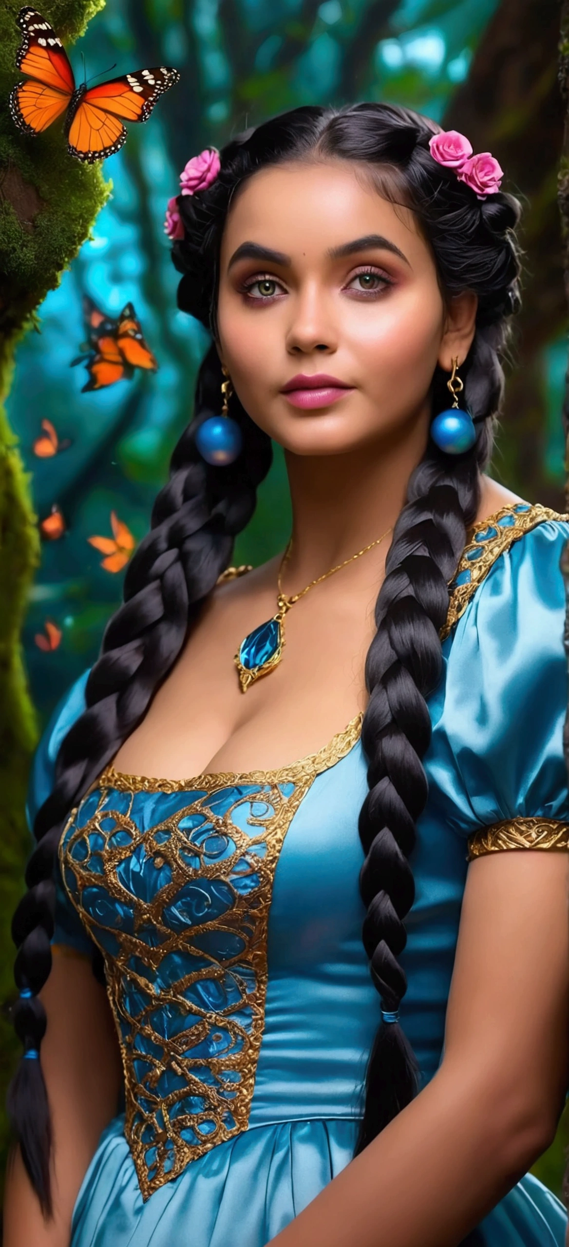 a beautiful women with long black braided hairs, thick and long hair, alice in wonderland, magical creatures, detailed fantasy landscape, glowing mushrooms, butterflies, vibrant colors, lush foliage, ethereal lighting, dramatic angles, highly detailed, photorealistic, 8k, award winning, intricate, mesmerizing, cinematic, chaitra , busty 