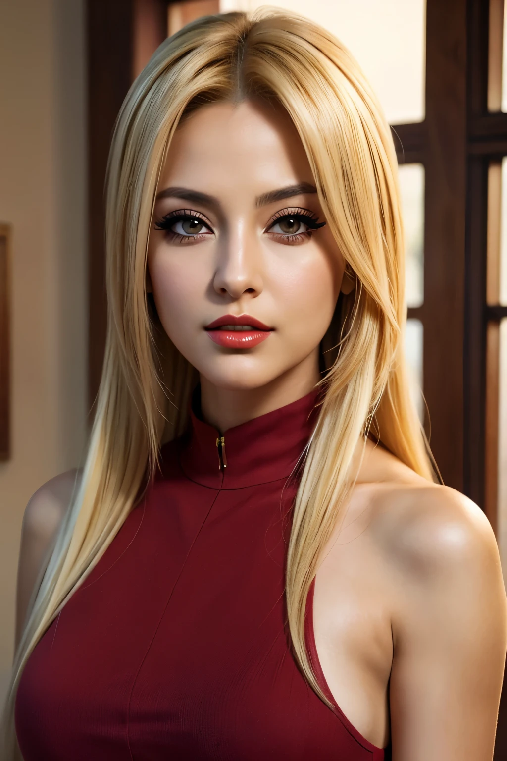 Tsunade, CG 8k ultra-realista, beautiful woman, seductive eyes, make-up, red lips, casual clothes