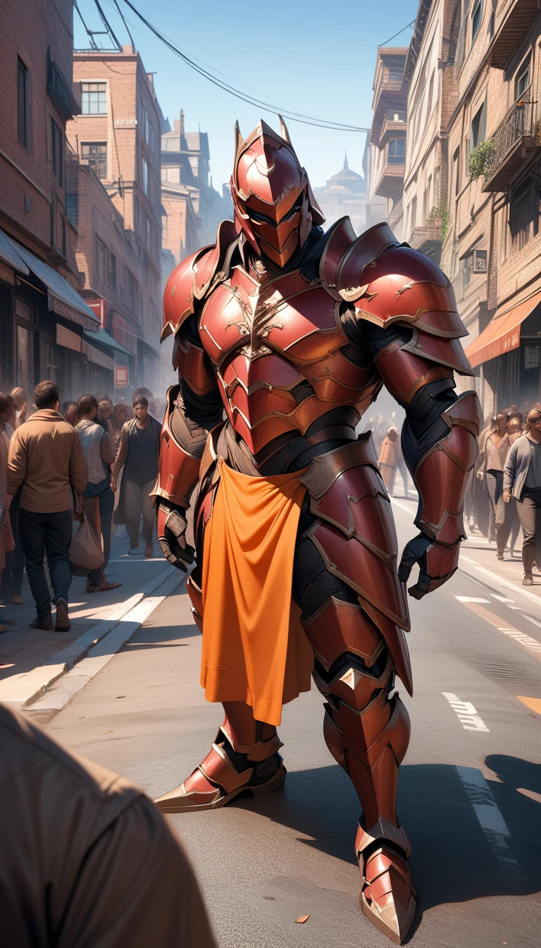 ((best quality)) , ((masterpiece)) , (detailed),A muscular, armored figure with a large helmet and an orange apron. An urban street scene with buildings and people in the background. Predominantly reds and oranges from the armor and clothing, contrasted by the blue sky. Digital illustration with a realistic art style.