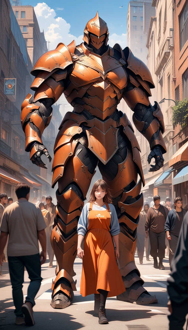 ((best quality)) , ((masterpiece)) , (detailed),A muscular, armored figure with a large helmet and an orange apron. An urban street scene with buildings and people in the background. Predominantly reds and oranges from the armor and clothing, contrasted by the blue sky. Digital illustration with a realistic art style.